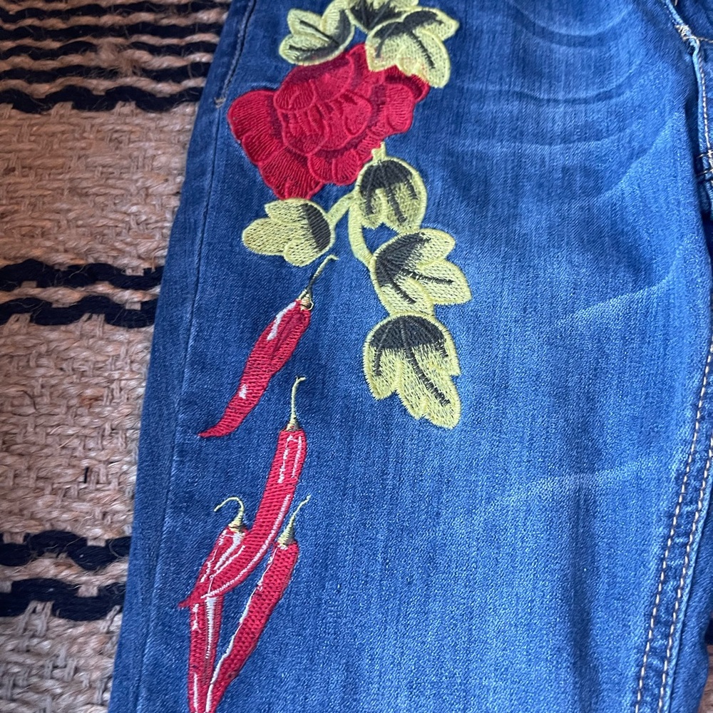 Indigo Rein Blue Skinny Jeans with Red & Green Floral Embroidery - Picture 2 of 6
